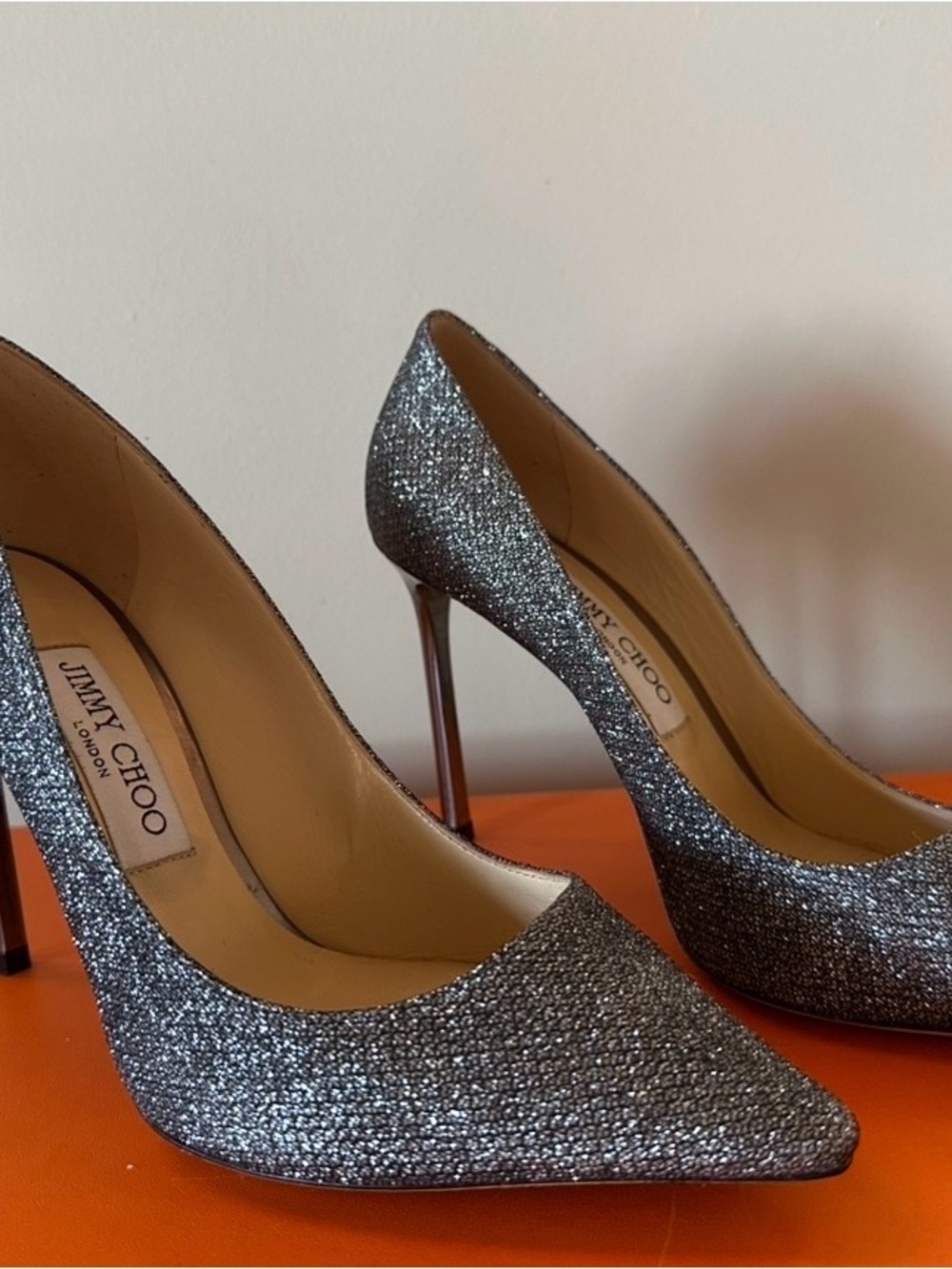Jimmy Choo Silver Glitter Pointed Toe Stiletto Pumps